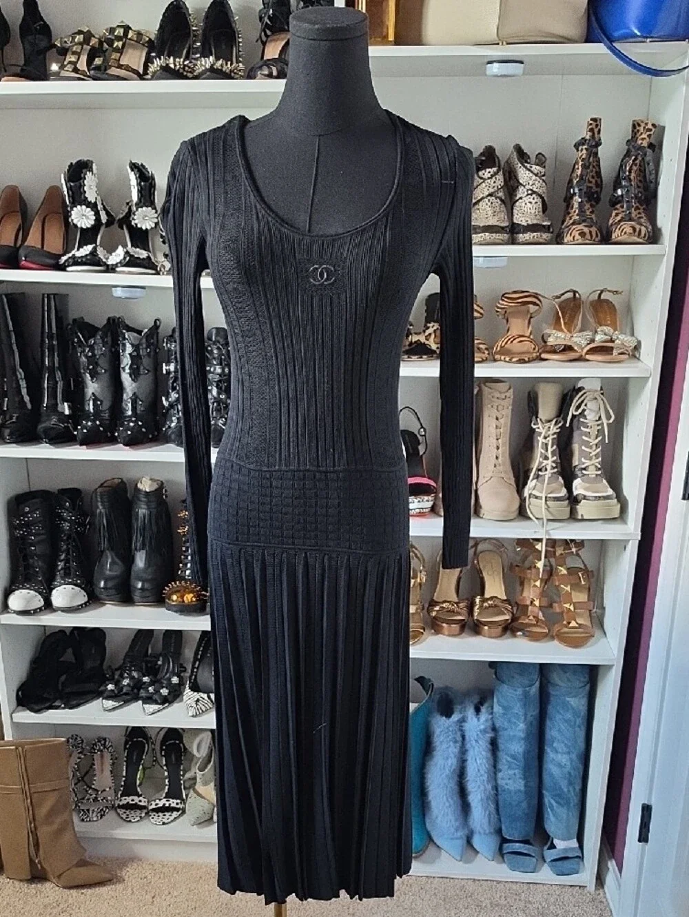 CHANEL Black Long-Sleeve Ribbed Knit Midi Dress